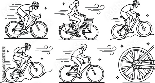 Photos Cycling vector icon set linear outline bicycle riders mountain bike road racing