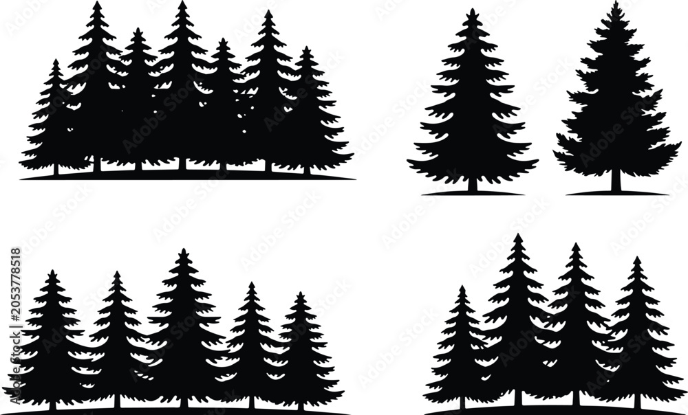 Obraz premium Christmas Tree Horizon Silhouette Set, Festive Winter Forest Vector Border, Modern Yuletide Forest Landscape Layout, Clean Holiday Pine Logo Tokens, vector, illustration, silhouette.