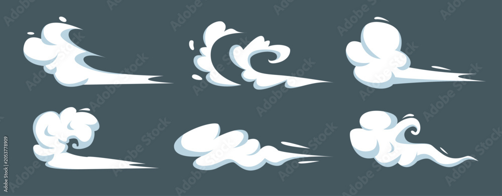 Fototapeta premium Speed smoke effect. Cartoon dust cloud motion effect, anime manga fast run movement trail steam puff bomb explode energy game fight wind magic poof qualitative vector illustration