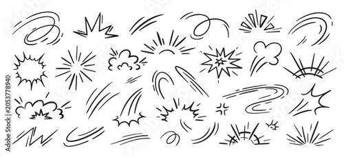 Comic speed lines. Motion burst effect action, hand drawn line explosive boom bang power splash impact dynamic stroke blast crash fight smoke set qualitative vector illustration