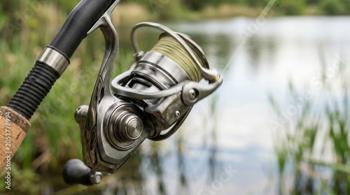 Spinning Fishing Reel Close-up: Modern Fishing Gear, Precision Reel, and Angler Equipment for Freshwater Angling, Recreational Fishing, Outdoor Leisure, Lakeside Sport, and Summer Activity