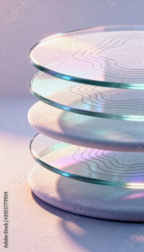 Stacked glass plates slightly misaligned vertically, each etched with faint topographic contour lines, light refracting into layered depth illusion, controlled studio lighting