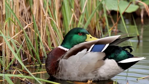 Mallard duck resting in calm water near reeds with green and brown plumage