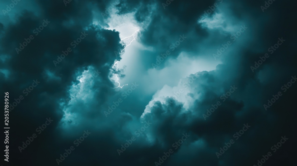 Fototapeta premium Dark teal clouds with intense lightning