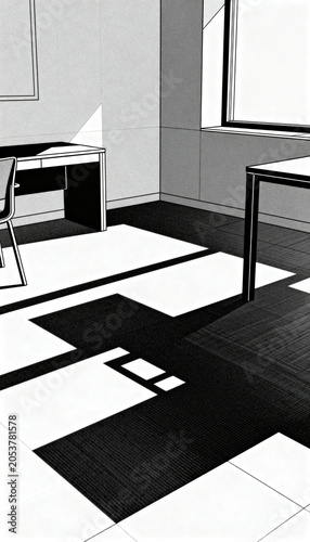 Orthographic projection-style composition of a room where all furniture is reduced to flat extruded outlines cast as physical shadows on floor, no objects visible except shadows