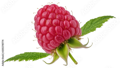Konstfotografi Ripe red raspberry with green leaves and sepals