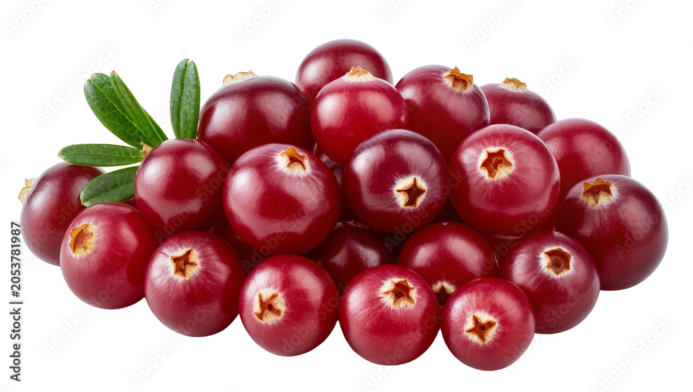 Obraz premium Pile of fresh red cranberries with green leaves