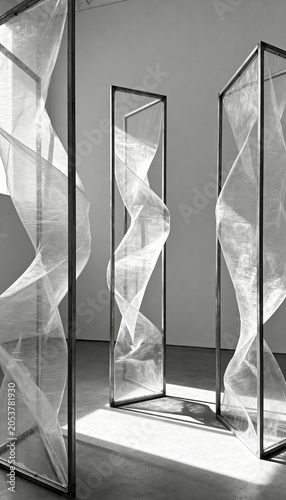 Single continuous sheet of translucent material twisted through three rigid metal frames, creating tension between geometry and deformation, soft daylight revealing internal shadows