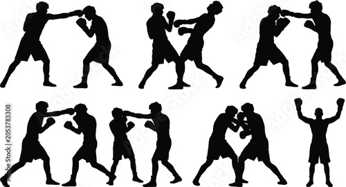 Konstfotografi Boxing match silhouettes, professional fighter combat poses, punch kick sparring athlete icons, championship win celebration, competitive martial arts, isolated graphics