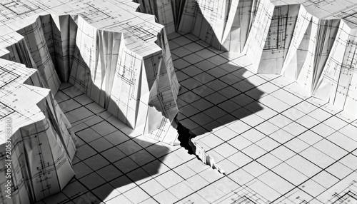 Top-down view of a modular paper landscape made from folded architectural blueprints, folds forming canyon-like terrain, precise grid alignment broken by one intentional irregular collapse