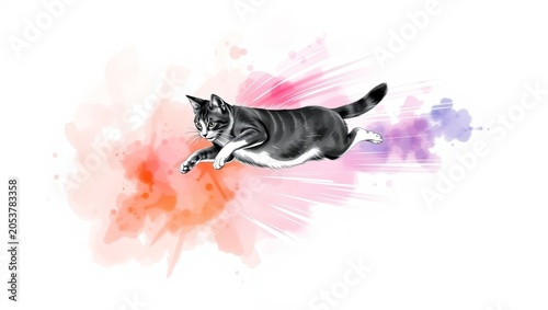Tabby Cat Leaping Fast with Colorful Watercolor Splashes