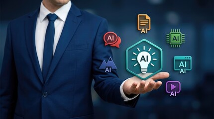Businessman Presenting Artificial Intelligence Concept with Various Icons on Hand in Dark Blue Suit and Office Background