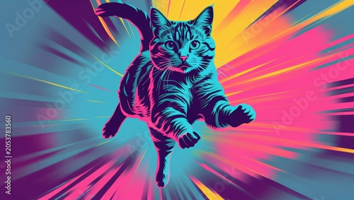 Calico Cat Jumping Midair with Colorful Ink Splashes