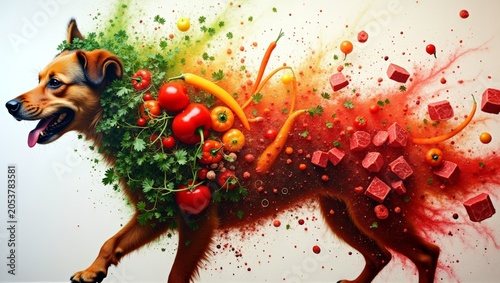 Running Dog Exploding With Vegetables and Herbs
