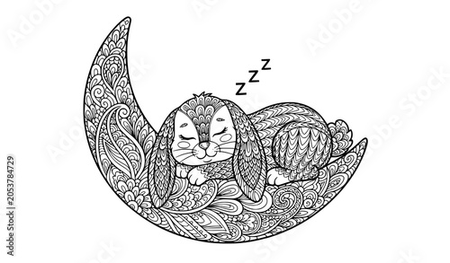 Sleeping bunny on moon coloring page