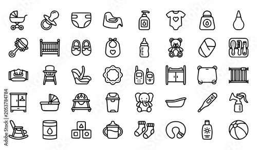 Photos Baby online shop icon set with stroller diaper cot toys clothes shoes and newbor