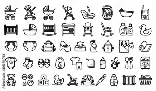 Photos Baby care and kids online shop outline icon collection with diaper cot stroller