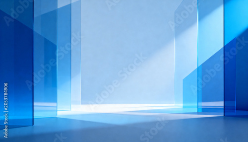 Abstract corporate background with layered translucent blue geometric panels, large empty central copy space, soft directional lighting, minimal shadow depth