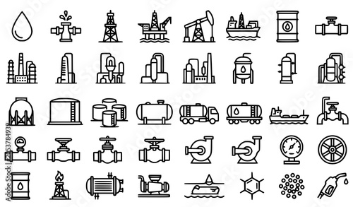 Bild auf Leinwand Petroleum industry monoline icon set with crude oil refinery storage tanks pipel