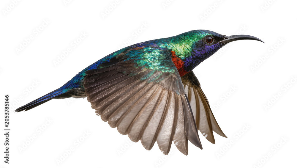 Obraz premium Hummingbird with iridescent green and blue plumage in flight