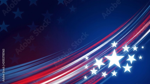 Abstract american flag background with glowing stars and light trails