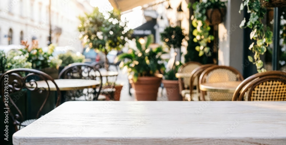 Obraz premium Outdoor Café Table with Greenery and Chairs for Web Design