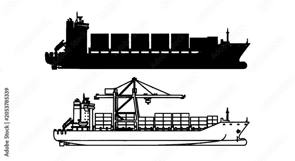Fototapeta premium Minimal black silhouette icon, simple flat vector, bold black shape, no, no shading silhouette and outline illustration of a container ship with a crane on a, flat icon style