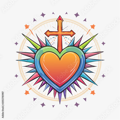 Sacred Heart Symbol with Cross and Colorful Rays