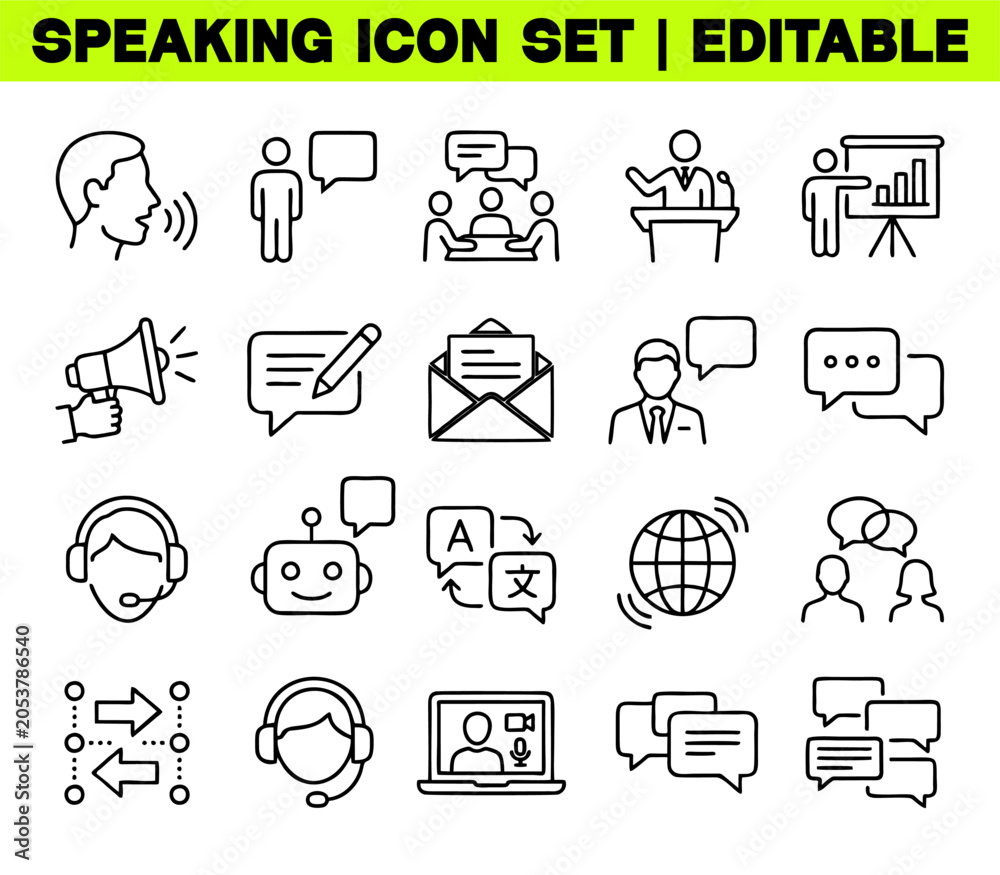 Fototapeta premium Speaking Communication Icon Set. Dialogue, Speech, Chat, Conference and Voice Interaction Editable Line Vector Illustration