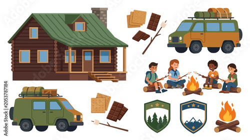 Summer Camp Dining Hall Smores Vector Bundle Showcasing Log Cabin and Supply Van Icons Crafted for Textless Camp Activity Templates