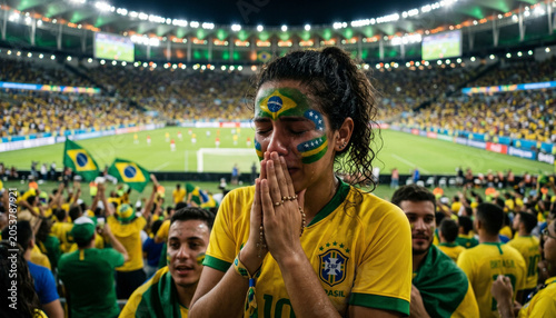A crying fan in a brazil jersey with face paint praying in a stadium.