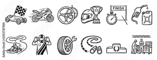 Motorsport icon set. Race symbol collection. Outline vector illustration.