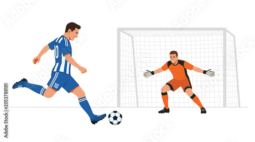 Male soccer player in a blue striped jersey shooting a leather ball towards an opponent in an orange kit in front of a goal net.