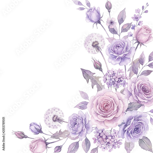 Whimsical Watercolor Floral Arrangement With Roses and Dandelions isolated on transparent background