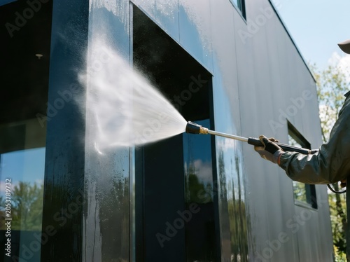 Man using pressure washer to clean exterior wall of modern house. Professional service for building maintenance. High pressure water spraying on facade for removal of dust and dirt.