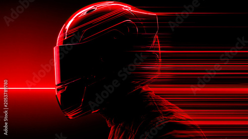 Racing driver in striking red helmet showcases speed and determination against a dark backdrop