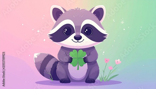 四つ葉のクローバーを抱えるアライグマの素材（パープルとグリーン）