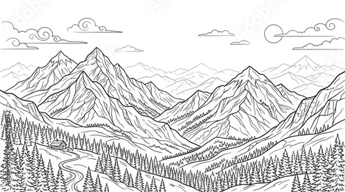 Картината върху платно Mountain range with pine trees.