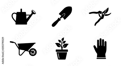 Bild auf Leinwand Gardening icon set, silhouette style, white background