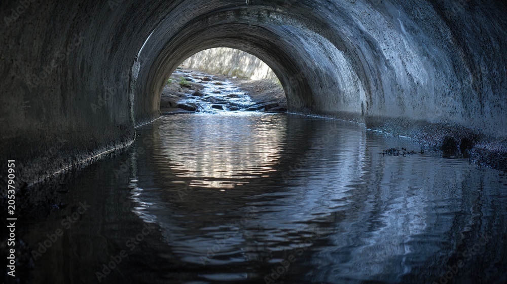 Naklejka premium culvert. Stream flowing through a concrete culvert creates a perfect mirror reflection on water. ESG reports, sustainability campaigns, designed for environmental awareness campaigns.