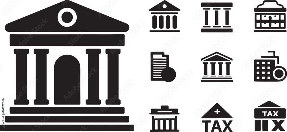 Naklejka premium Government building icons and finance symbols including courthouse tax and office on grid.