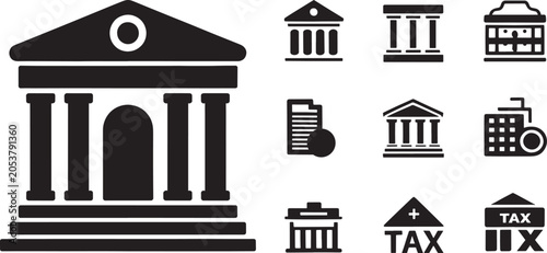Government building icons and finance symbols including courthouse tax and office on grid.