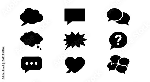 Foto Speech bubble icon set, solid black, white background, vector illustration