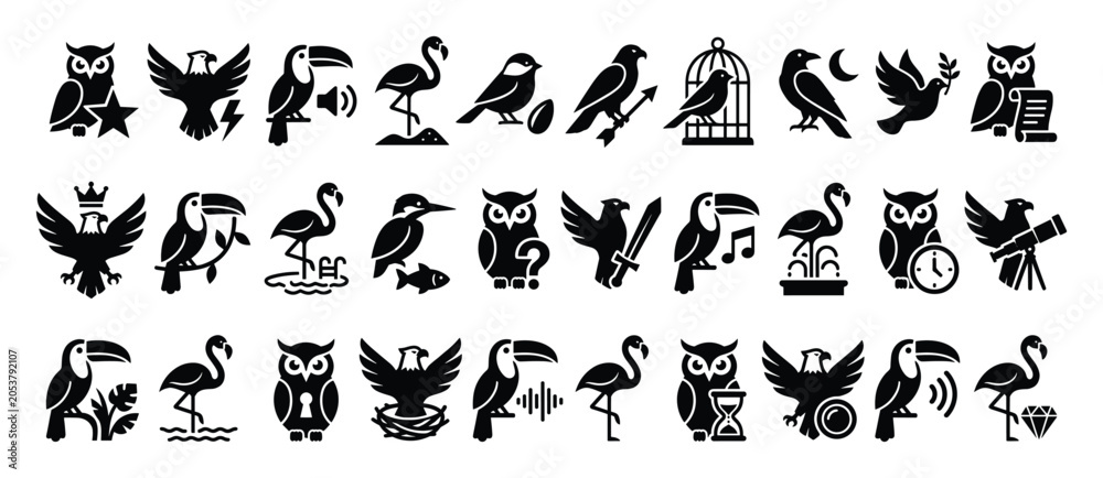 Obraz premium Birds icon set. Various animal symbols. Owl eagle flamingo toucan pictograms. Flat style icon.