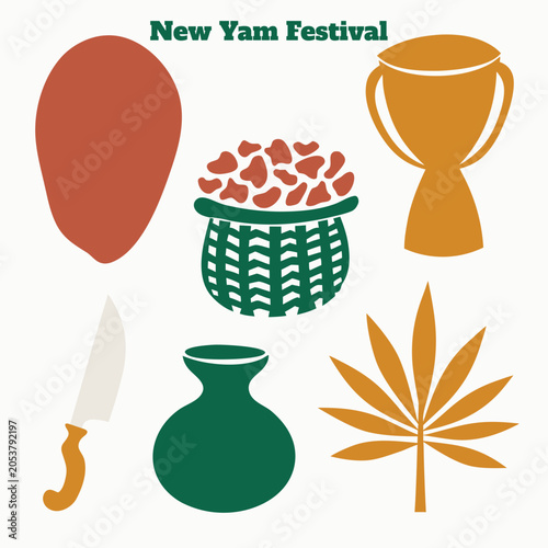 Slika na platnu New Yam Festival flat vector art with yam tuber, drum, calabash for African harv