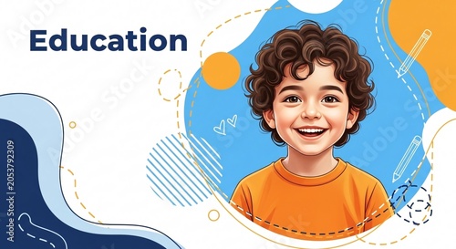 Happy smiling young boy with curly hair wearing an orange shirt in educational setting with colorful abstract background emphasizing learning and education themes