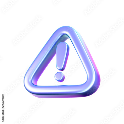 3D holographic alert icon with neon glow isolated on white bg. Render of triangle sign cyber risk, scam, fraud, hacker attack. Tech warning mark for caution, danger, exclamation and hazard. 3D vector