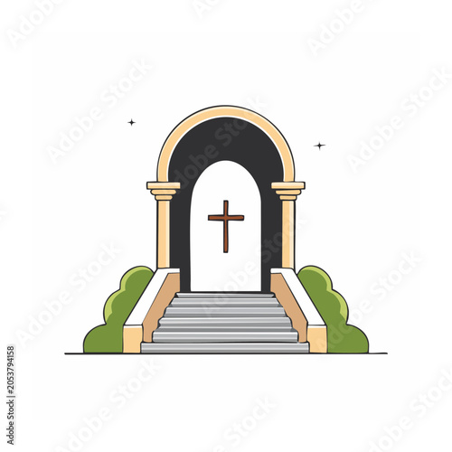 Flat illustration of church entrance with cross