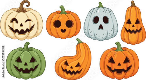 Halloween Jack o Lantern Pumpkin Vector Element Collection featuring Carved Spooky Faces in Diverse Autumn Colors and Shapes for Holiday Graphic Designs