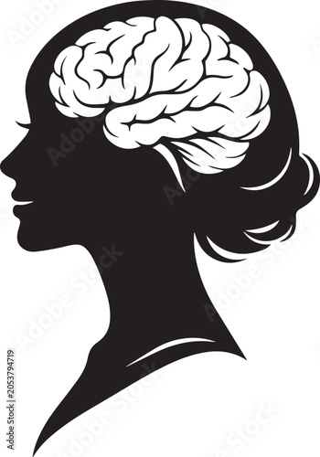Silhouette Woman with Brain Outline Thinking Illustration Concept
